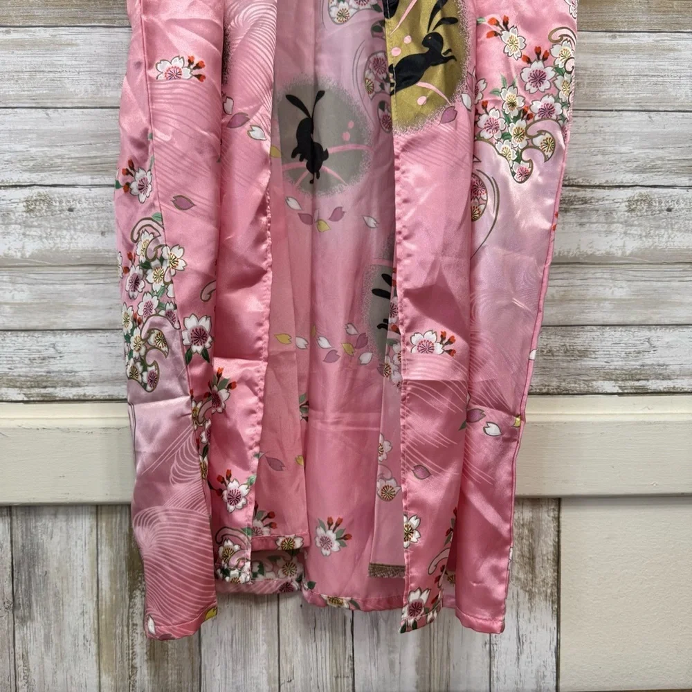 Japanese Kimono Women’s Pink Floral Robe Sode-Tsuke